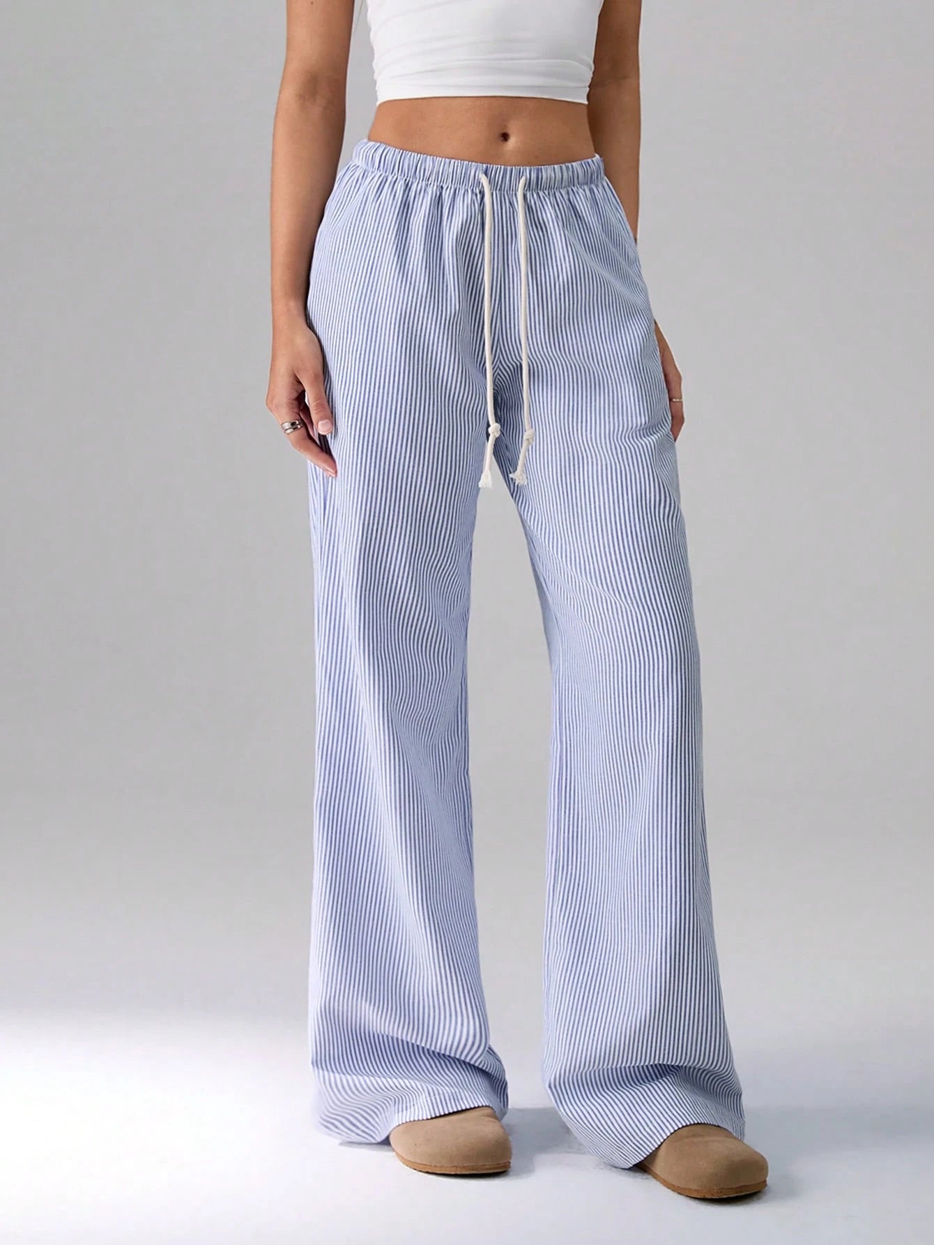 Flirla Pink Cotton Drawstring Waist Straight Leg Pants, Fashion Casual Home Wear For Women, Spring Fall Cloth For Women