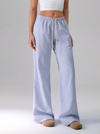 Flirla Pink Cotton Drawstring Waist Straight Leg Pants, Fashion Casual Home Wear For Women, Spring Fall Cloth For Women