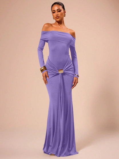 SHEIN X Scheana MUSERA Off Shoulder Long Sleeve Maxi Dress Vacation Summer Spring Romantic Wedding Guest Graduation, Prom Holiday Wedding Guest, Elegant, Birthday, Church, Night Out