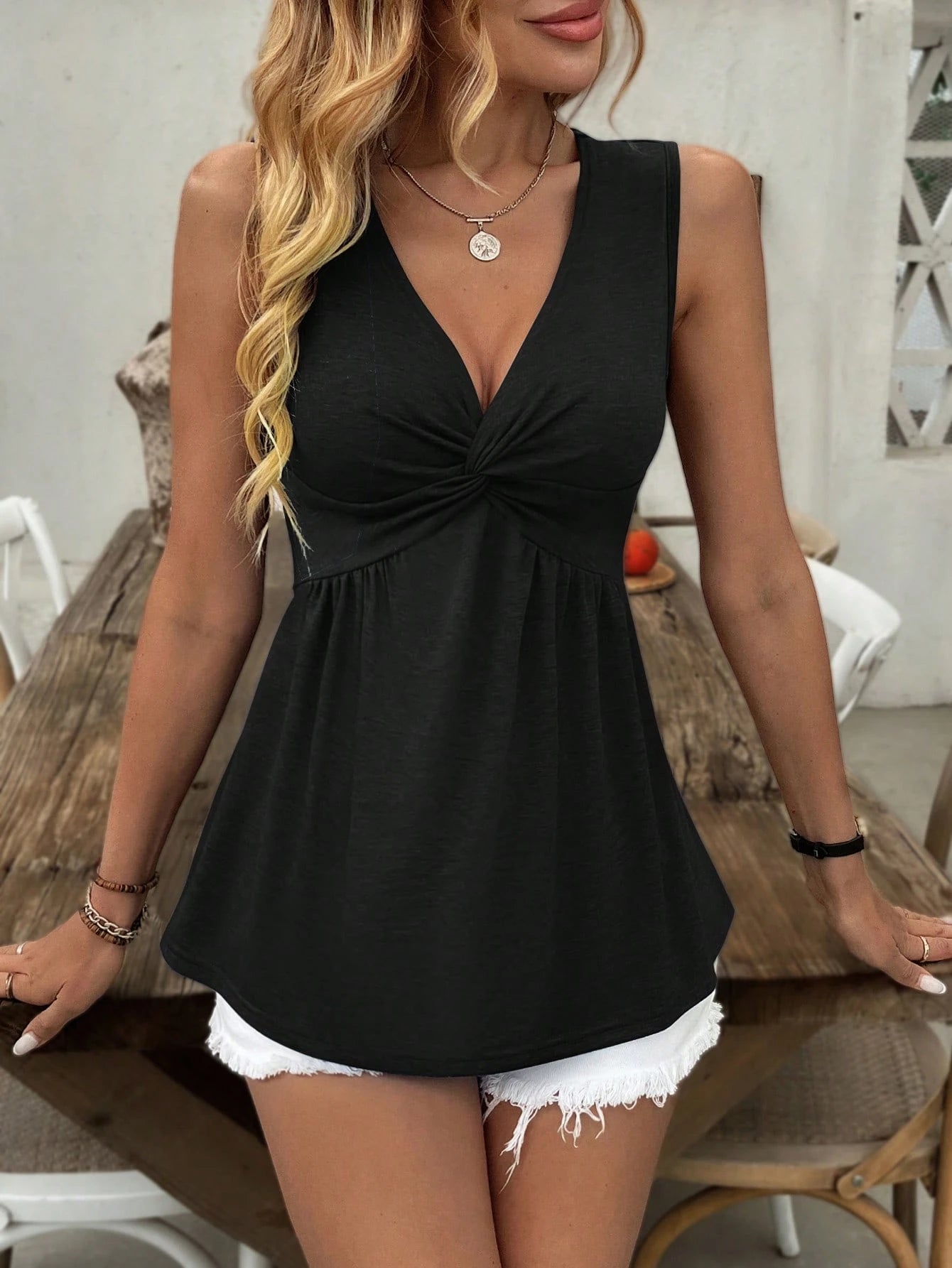 Breezaya Women's Casual Vacation Bohemian Style Floral Print Twist Pleated Front V-Neck Tank Top, Suitable For Beach Holiday, Summer