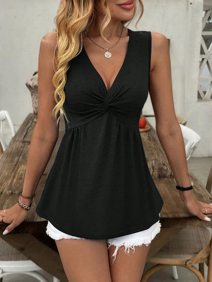 Breezaya Women's Casual Vacation Bohemian Style Floral Print Twist Pleated Front V-Neck Tank Top, Suitable For Beach Holiday, Summer