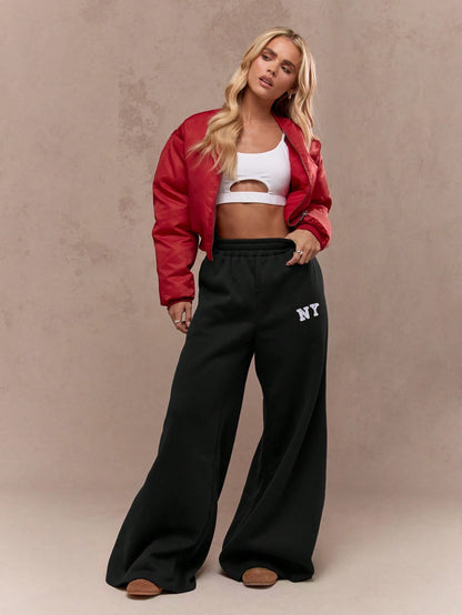 MISSGUIDED Extra Long Wide Leg Collegiate Athletic Track Pants Flare Varsity NY Logo Elastic Waist High Rise Sport Bottoms Fall Winter Lounge Sweatpants