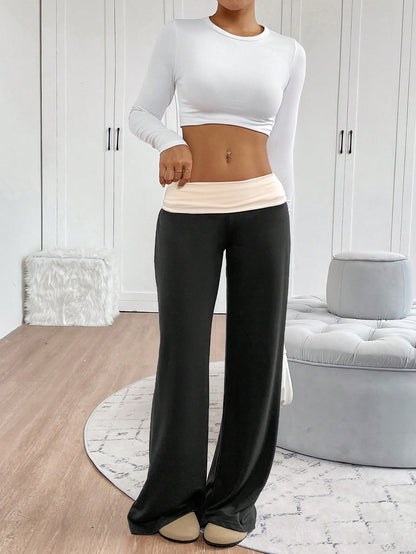 INAWLY Women's Casual Contrast Foldover Waist Wide Leg Sweatpants Graduation,Back To School Outfits,Graduation,Teacher Outfits For Women,Back To School Fall Cloth For Women