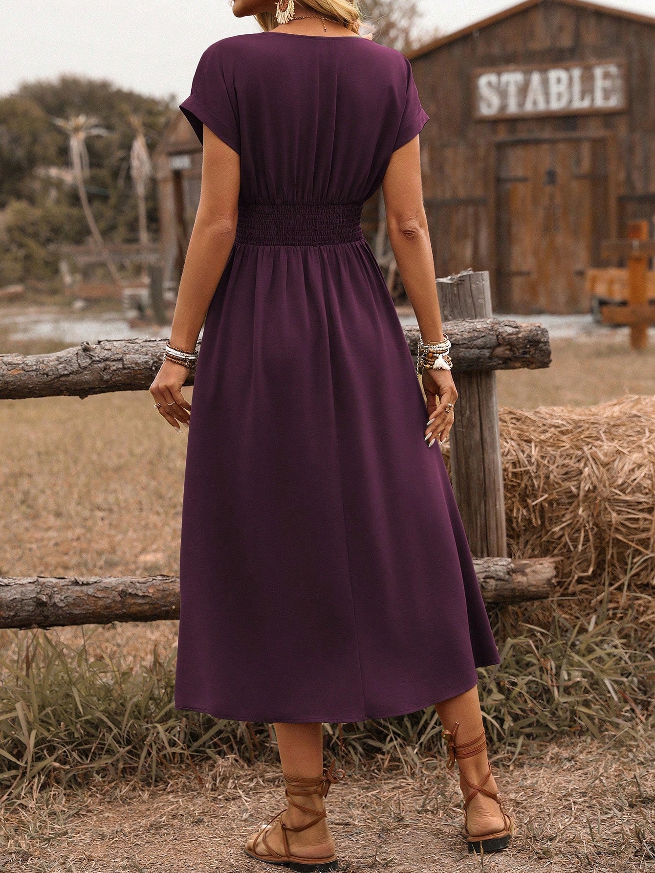 SHEIN Clasi Women's Spring/Summer Western Bohemian Style Casual Shirred Waist Cinched Criss-Cross Twisted Back Dropped Shoulder Flared Sleeve Midi Dress