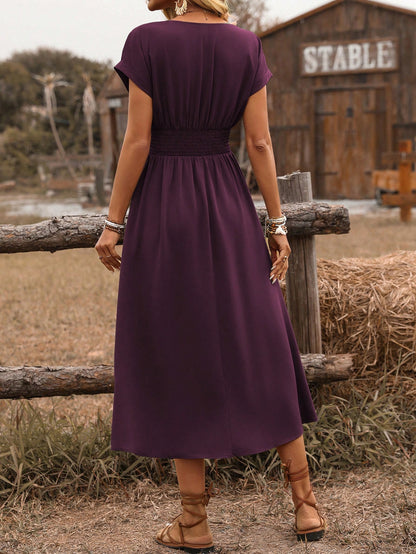 SHEIN Clasi Women's Spring/Summer Western Bohemian Style Casual Shirred Waist Cinched Criss-Cross Twisted Back Dropped Shoulder Flared Sleeve Midi Dress