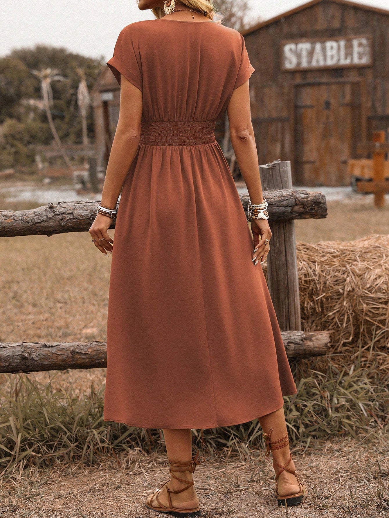 SHEIN Clasi Women's Spring/Summer Western Bohemian Style Casual Shirred Waist Cinched Criss-Cross Twisted Back Dropped Shoulder Flared Sleeve Midi Dress