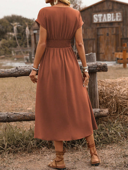 SHEIN Clasi Women's Spring/Summer Western Bohemian Style Casual Shirred Waist Cinched Criss-Cross Twisted Back Dropped Shoulder Flared Sleeve Midi Dress