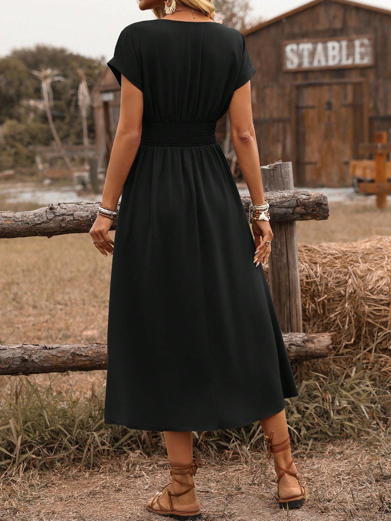 SHEIN Clasi Women's Spring/Summer Western Bohemian Style Casual Shirred Waist Cinched Criss-Cross Twisted Back Dropped Shoulder Flared Sleeve Midi Dress