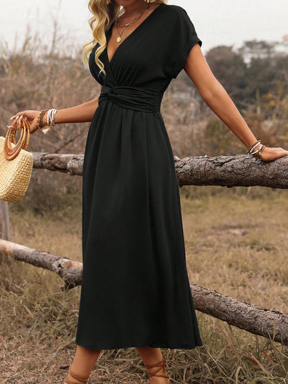 SHEIN Clasi Women's Spring/Summer Western Bohemian Style Casual Shirred Waist Cinched Criss-Cross Twisted Back Dropped Shoulder Flared Sleeve Midi Dress