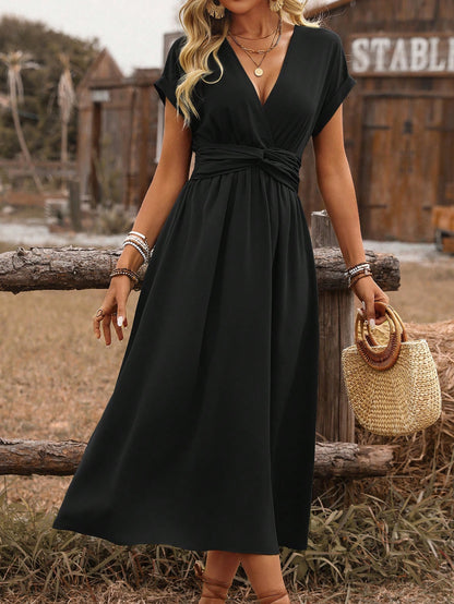 SHEIN Clasi Women's Spring/Summer Western Bohemian Style Casual Shirred Waist Cinched Criss-Cross Twisted Back Dropped Shoulder Flared Sleeve Midi Dress