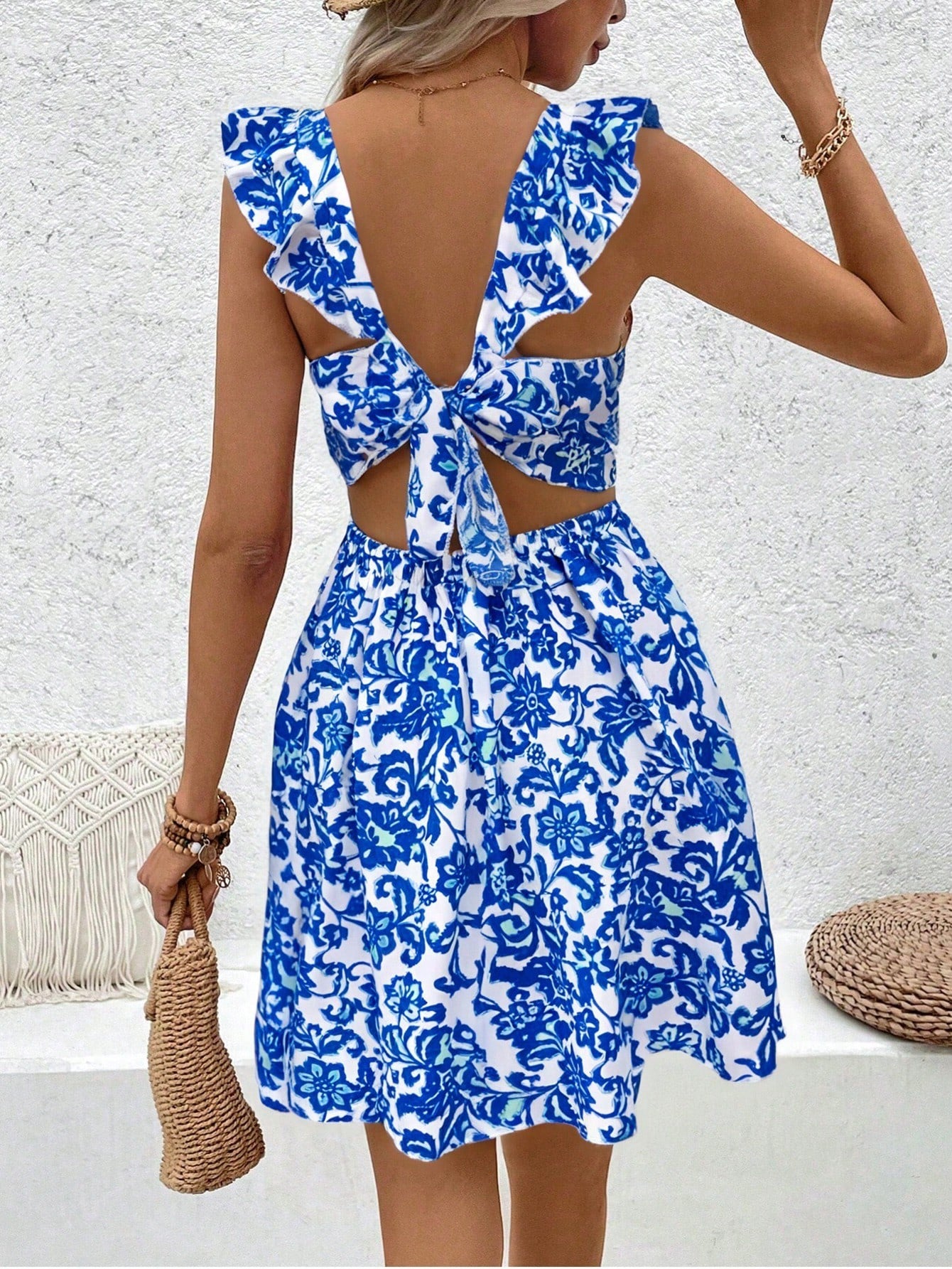Breezaya Floral Printed Hollow Out Hem Ruffle Trim Decorated Dress Vacation Beach Outfits Women
