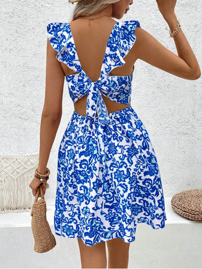 Breezaya Floral Printed Hollow Out Hem Ruffle Trim Decorated Dress Vacation Beach Outfits Women