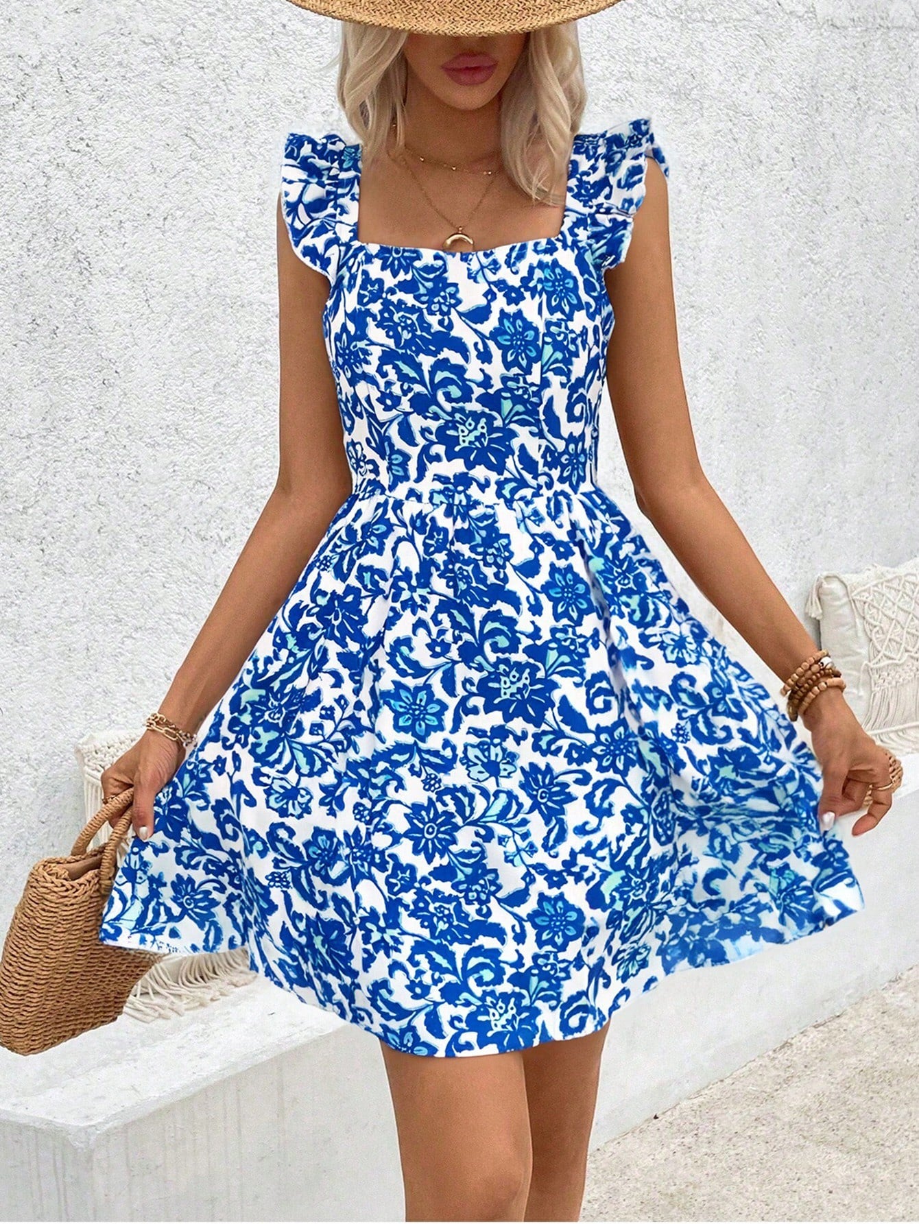 Breezaya Floral Printed Hollow Out Hem Ruffle Trim Decorated Dress Vacation Beach Outfits Women