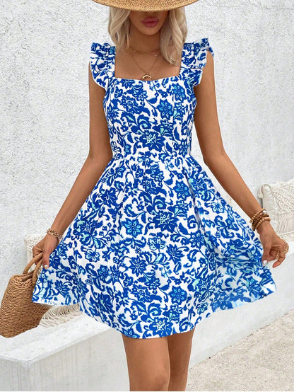 Breezaya Floral Printed Hollow Out Hem Ruffle Trim Decorated Dress Vacation Beach Outfits Women