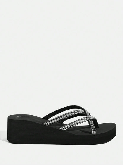 Fashionable Black Rhinestone Decorated Slippers For Women Vacation Shoes Summer Back To School Shoes College Student Shoes Spring Shoes Spring Break Easter For Casual Beach Style