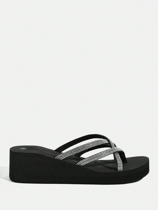 Fashionable Black Rhinestone Decorated Slippers For Women Vacation Shoes Summer Back To School Shoes College Student Shoes Spring Shoes Spring Break Easter For Casual Beach Style