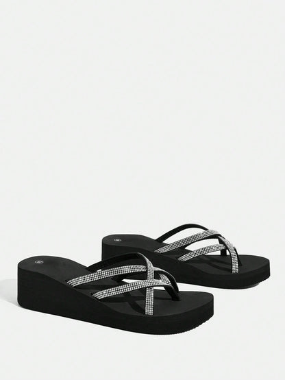 Fashionable Black Rhinestone Decorated Slippers For Women Vacation Shoes Summer Back To School Shoes College Student Shoes Spring Shoes Spring Break Easter For Casual Beach Style