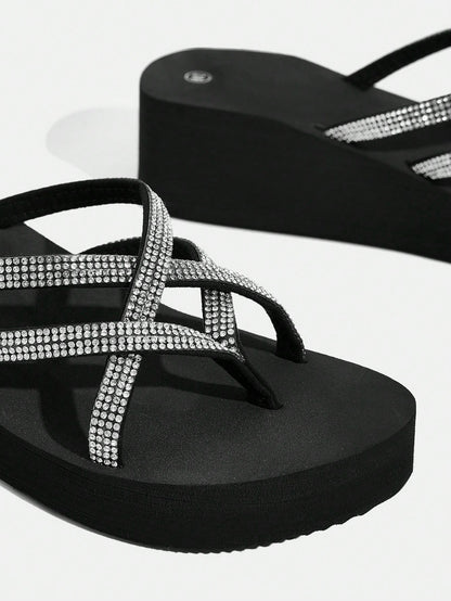 Fashionable Black Rhinestone Decorated Slippers For Women Vacation Shoes Summer Back To School Shoes College Student Shoes Spring Shoes Spring Break Easter For Casual Beach Style