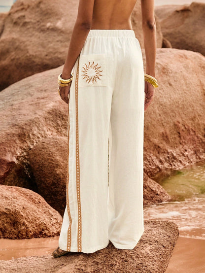 Poéselle Women's Wide Leg Loose Casual Pants With Sun Embroidered Pockets,Vacation Outfits Woman,Beach Vacation,Embroidered Pants,Summer Outfits For Women Vacation Outfits Women Resort Wear