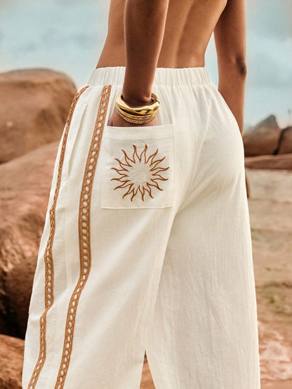 Poéselle Women's Wide Leg Loose Casual Pants With Sun Embroidered Pockets,Vacation Outfits Woman,Beach Vacation,Embroidered Pants,Summer Outfits For Women Vacation Outfits Women Resort Wear