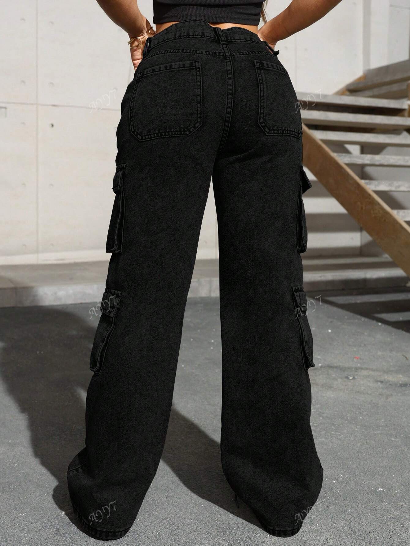 Flap Pocket Side Cargo Denim Jeans Simple Fashionable Daily Casual