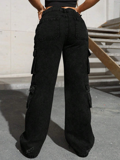 Flap Pocket Side Cargo Denim Jeans Simple Fashionable Daily Casual