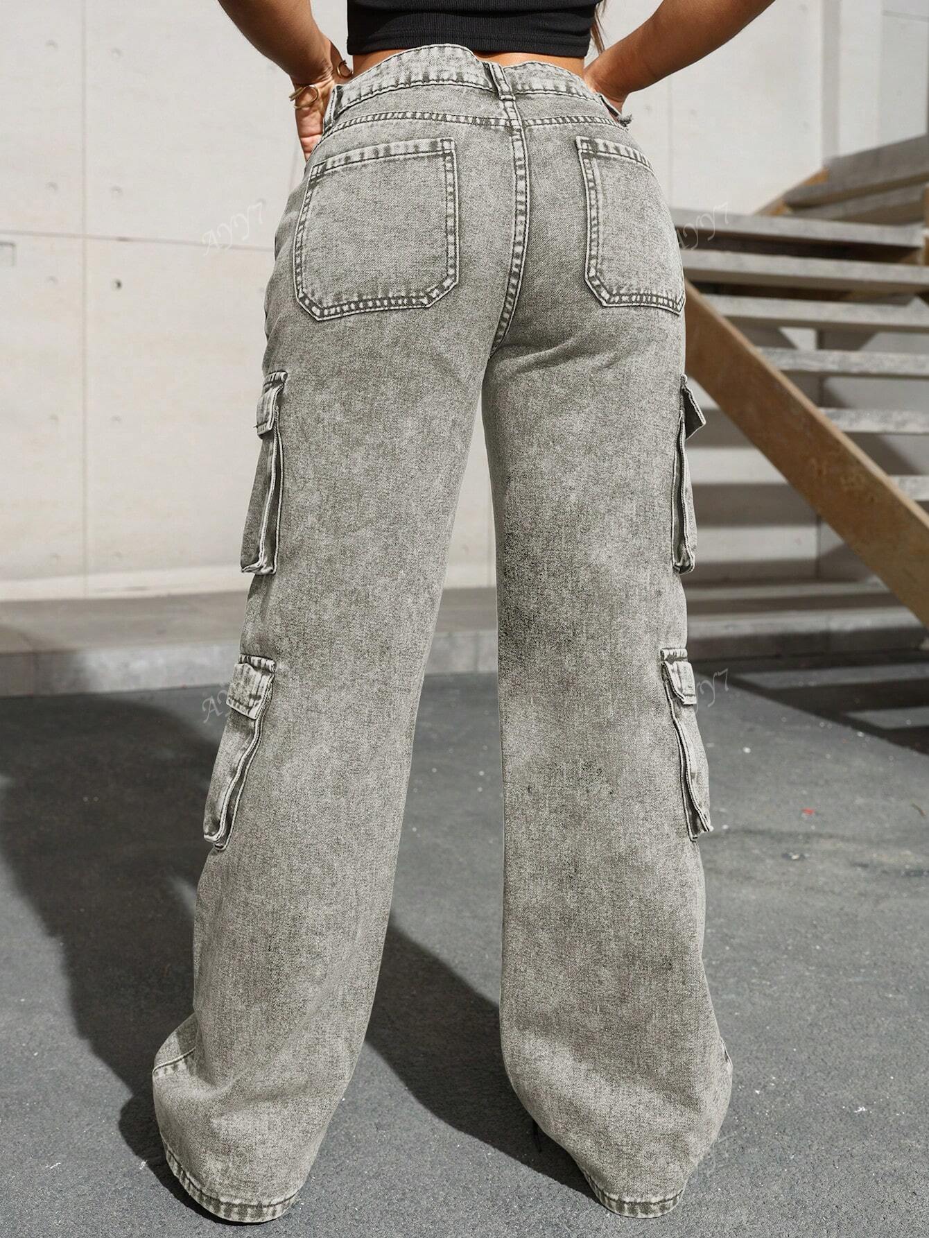 Flap Pocket Side Cargo Denim Jeans Simple Fashionable Daily Casual