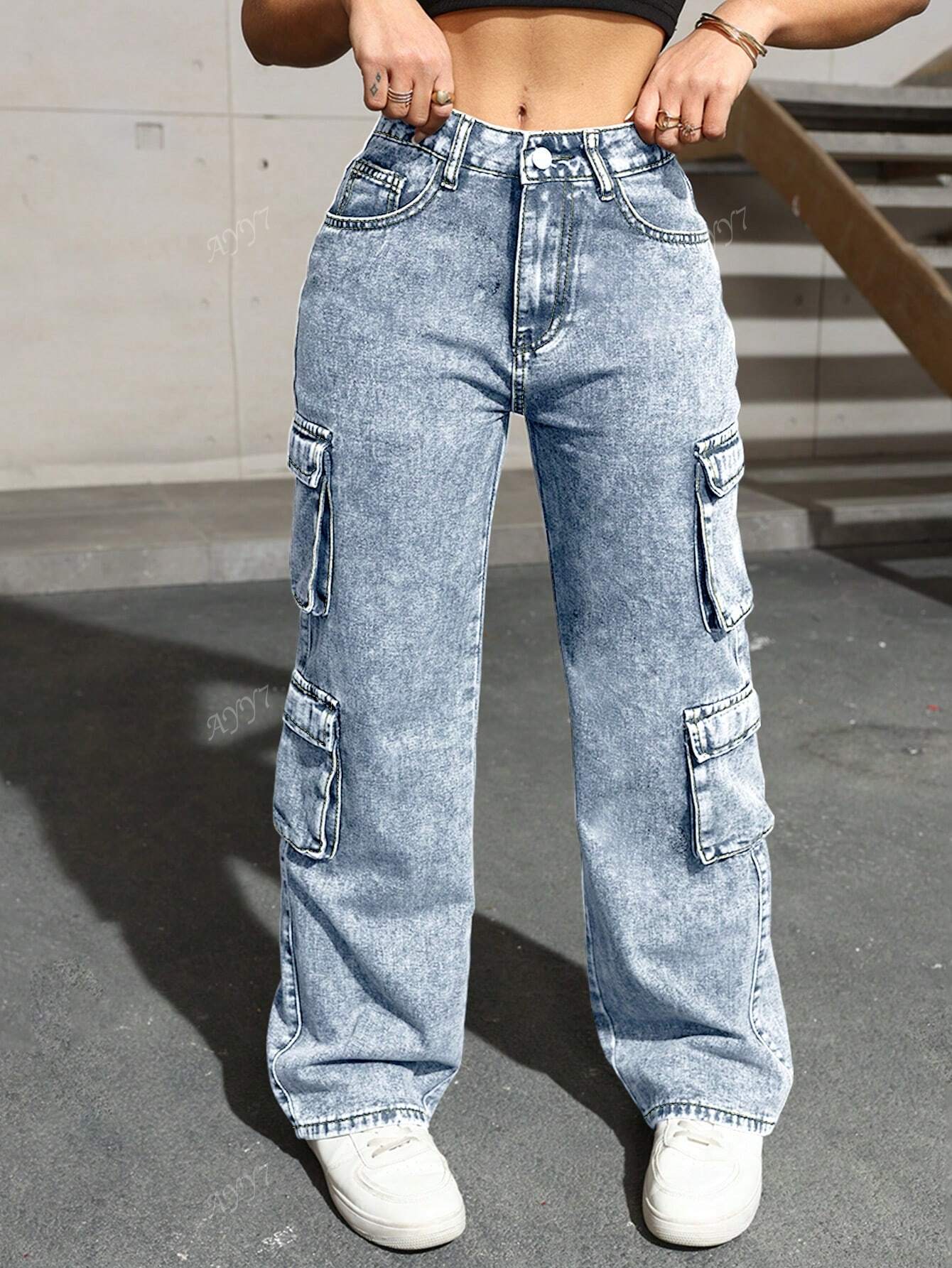 Flap Pocket Side Cargo Denim Jeans Simple Fashionable Daily Casual