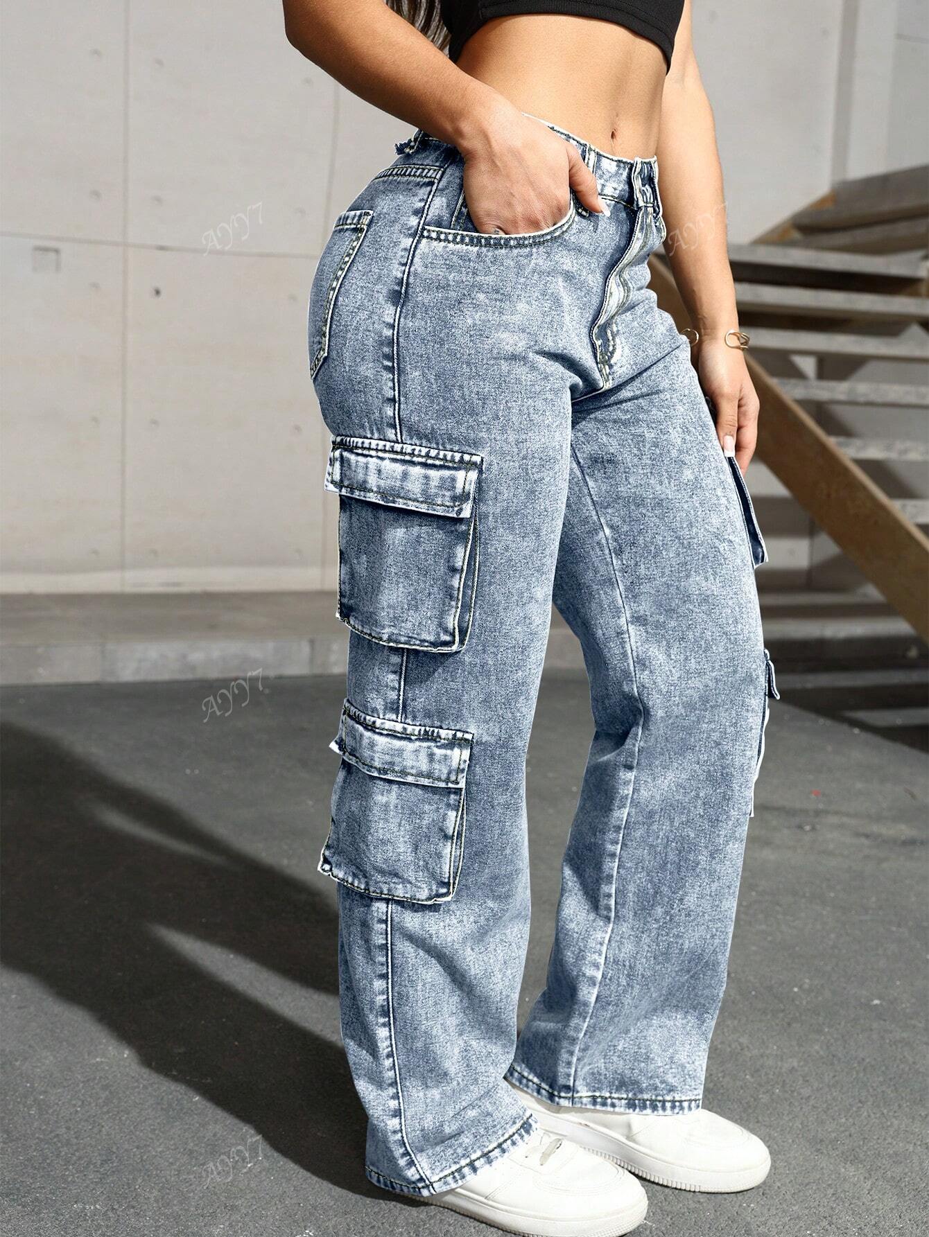 Flap Pocket Side Cargo Denim Jeans Simple Fashionable Daily Casual