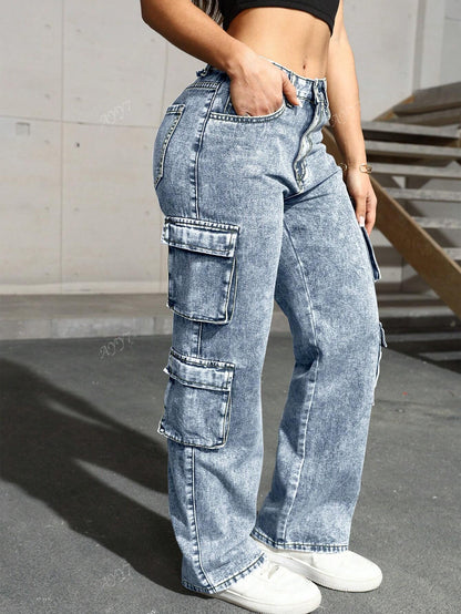 Flap Pocket Side Cargo Denim Jeans Simple Fashionable Daily Casual