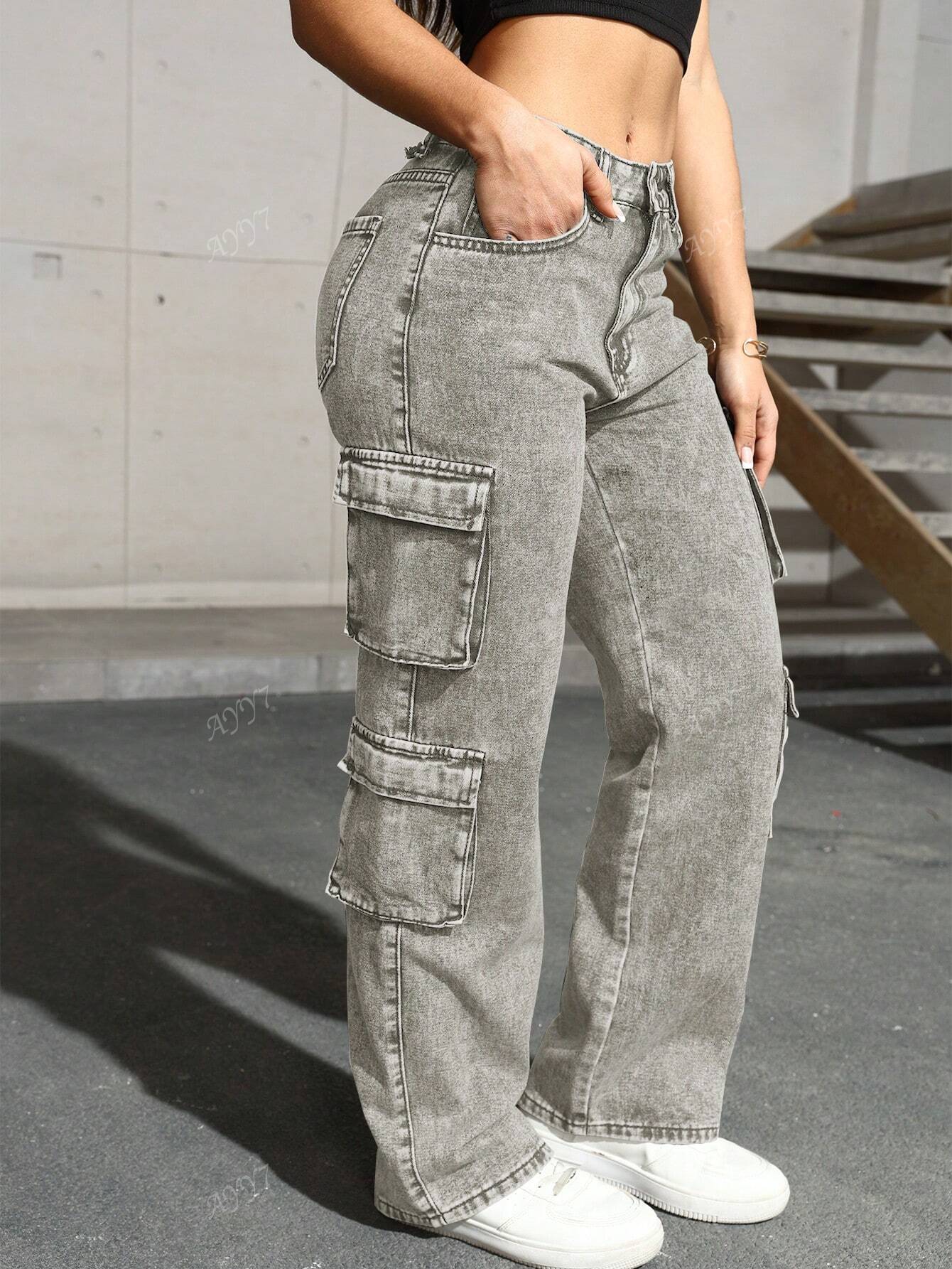 Flap Pocket Side Cargo Denim Jeans Simple Fashionable Daily Casual