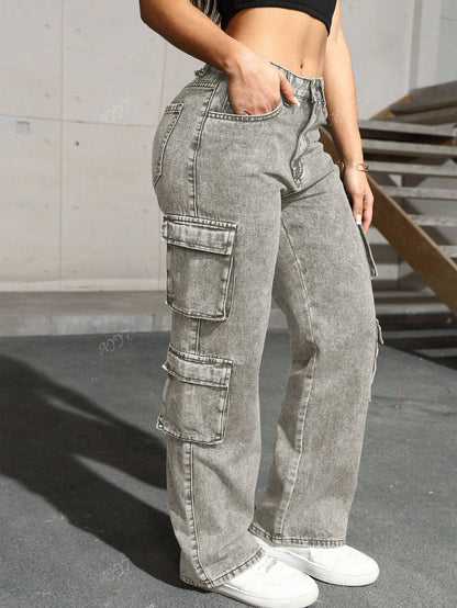 Flap Pocket Side Cargo Denim Jeans Simple Fashionable Daily Casual