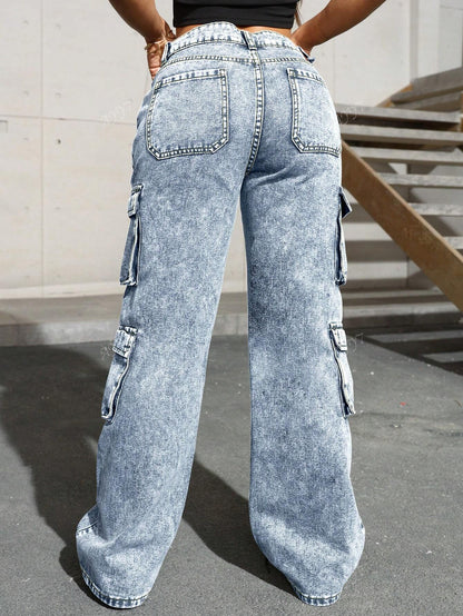 Flap Pocket Side Cargo Denim Jeans Simple Fashionable Daily Casual