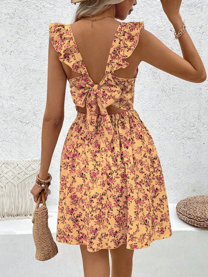 Breezaya Floral Printed Hollow Out Hem Ruffle Trim Decorated Dress Vacation Beach Outfits Women