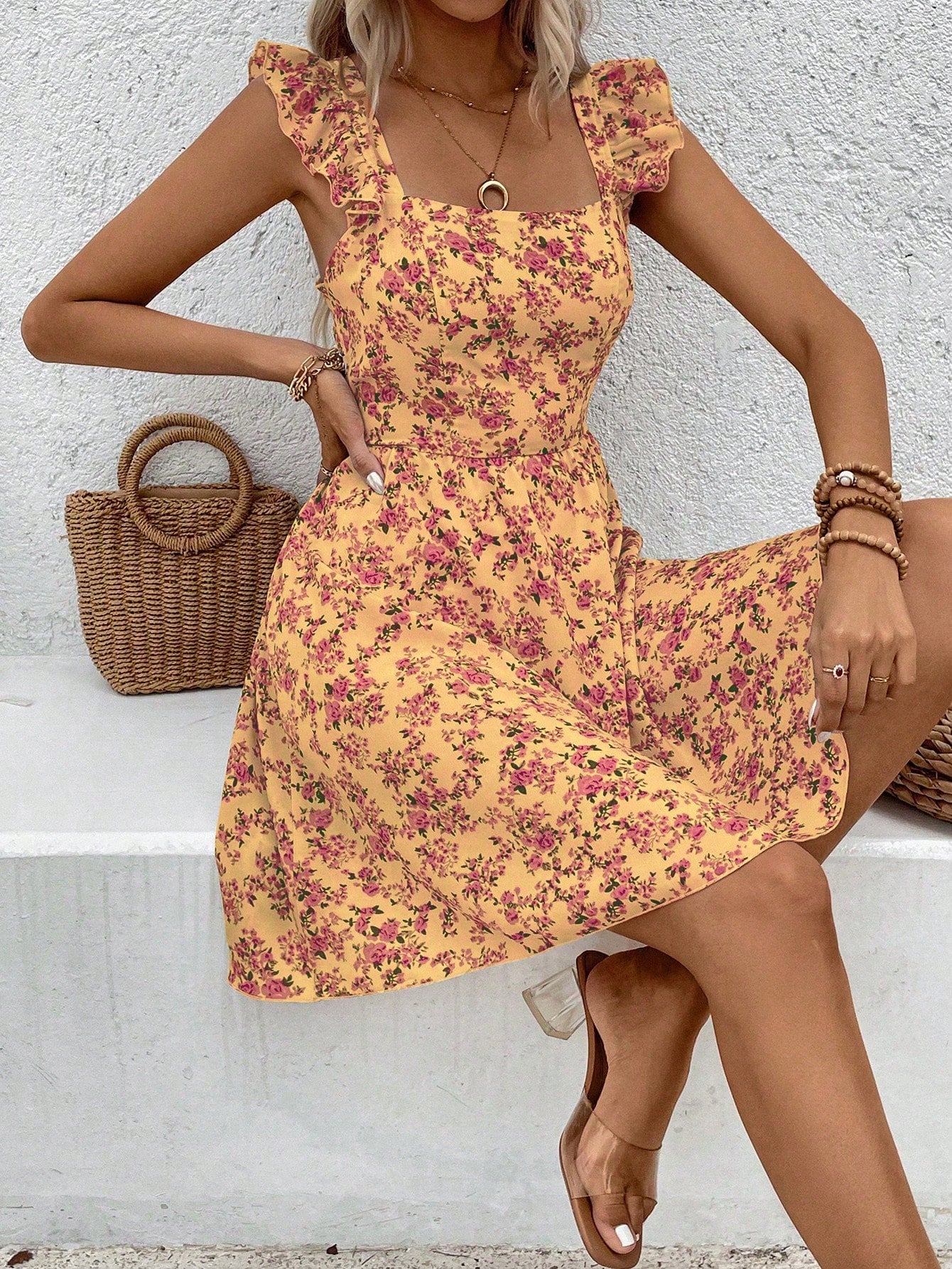 Breezaya Floral Printed Hollow Out Hem Ruffle Trim Decorated Dress Vacation Beach Outfits Women