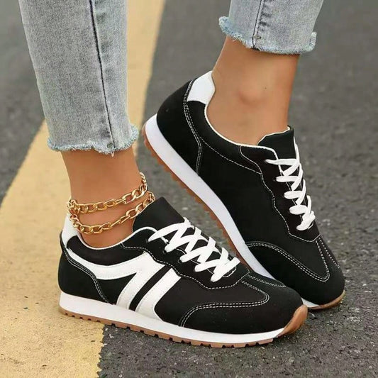 2025 Women's Breathable Black Canvas Sports Shoes - White Striped Casual Lace Sports Shoes, Lightweight TPR Sole, Comfortable Fabric Upper, Suitable For All Day Wearing