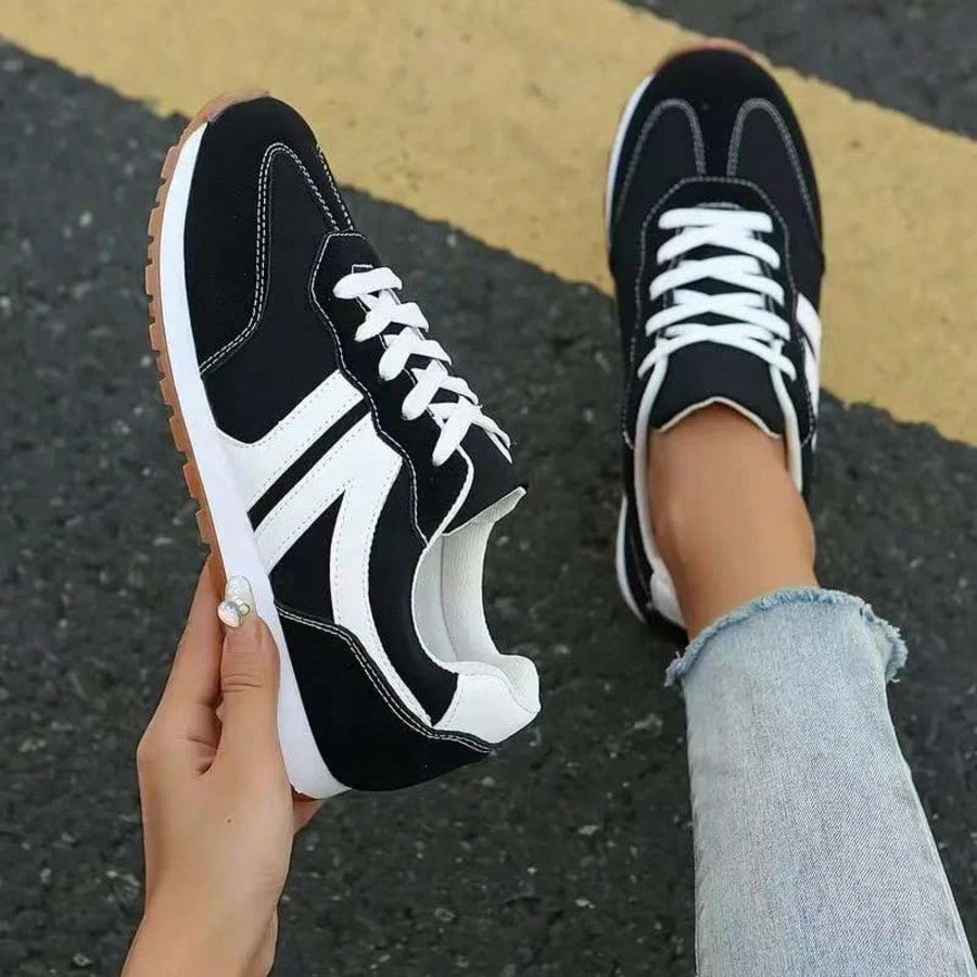 2025 Women's Breathable Black Canvas Sports Shoes - White Striped Casual Lace Sports Shoes, Lightweight TPR Sole, Comfortable Fabric Upper, Suitable For All Day Wearing