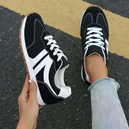 2025 Women's Breathable Black Canvas Sports Shoes - White Striped Casual Lace Sports Shoes, Lightweight TPR Sole, Comfortable Fabric Upper, Suitable For All Day Wearing