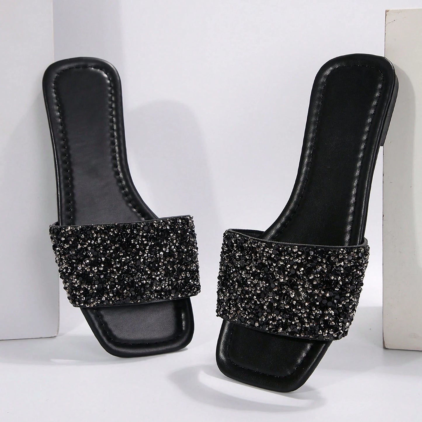 Women's Summer Beach Slippers, Rhinestones, Casual Fashion Slippers, Square Open Toe Flat Sandals, Indoor And Outdoor Valentines