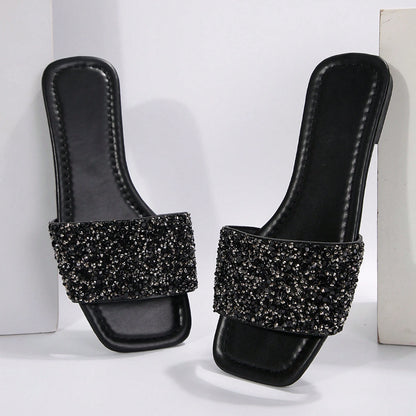 Women's Summer Beach Slippers, Rhinestones, Casual Fashion Slippers, Square Open Toe Flat Sandals, Indoor And Outdoor Valentines