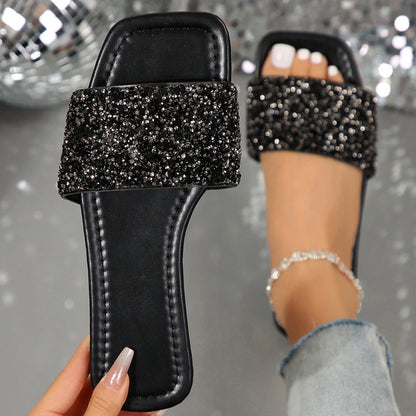 Women's Summer Beach Slippers, Rhinestones, Casual Fashion Slippers, Square Open Toe Flat Sandals, Indoor And Outdoor Valentines