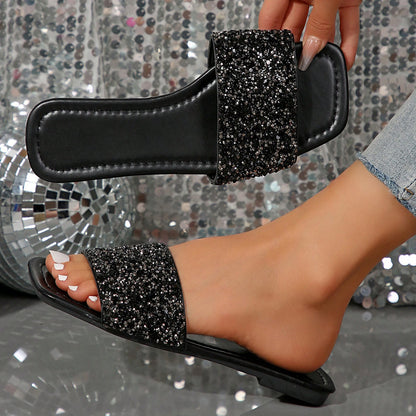 Women's Summer Beach Slippers, Rhinestones, Casual Fashion Slippers, Square Open Toe Flat Sandals, Indoor And Outdoor Valentines