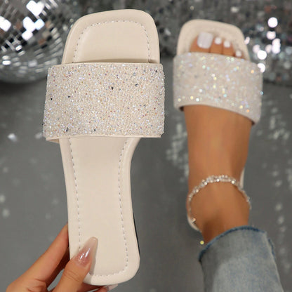 Women's Summer Beach Slippers, Rhinestones, Casual Fashion Slippers, Square Open Toe Flat Sandals, Indoor And Outdoor Valentines
