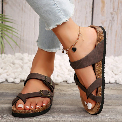 Comfortable Women's Cork Footbed Sandal With Adjustable Buckle For Summer Beach Sandals
