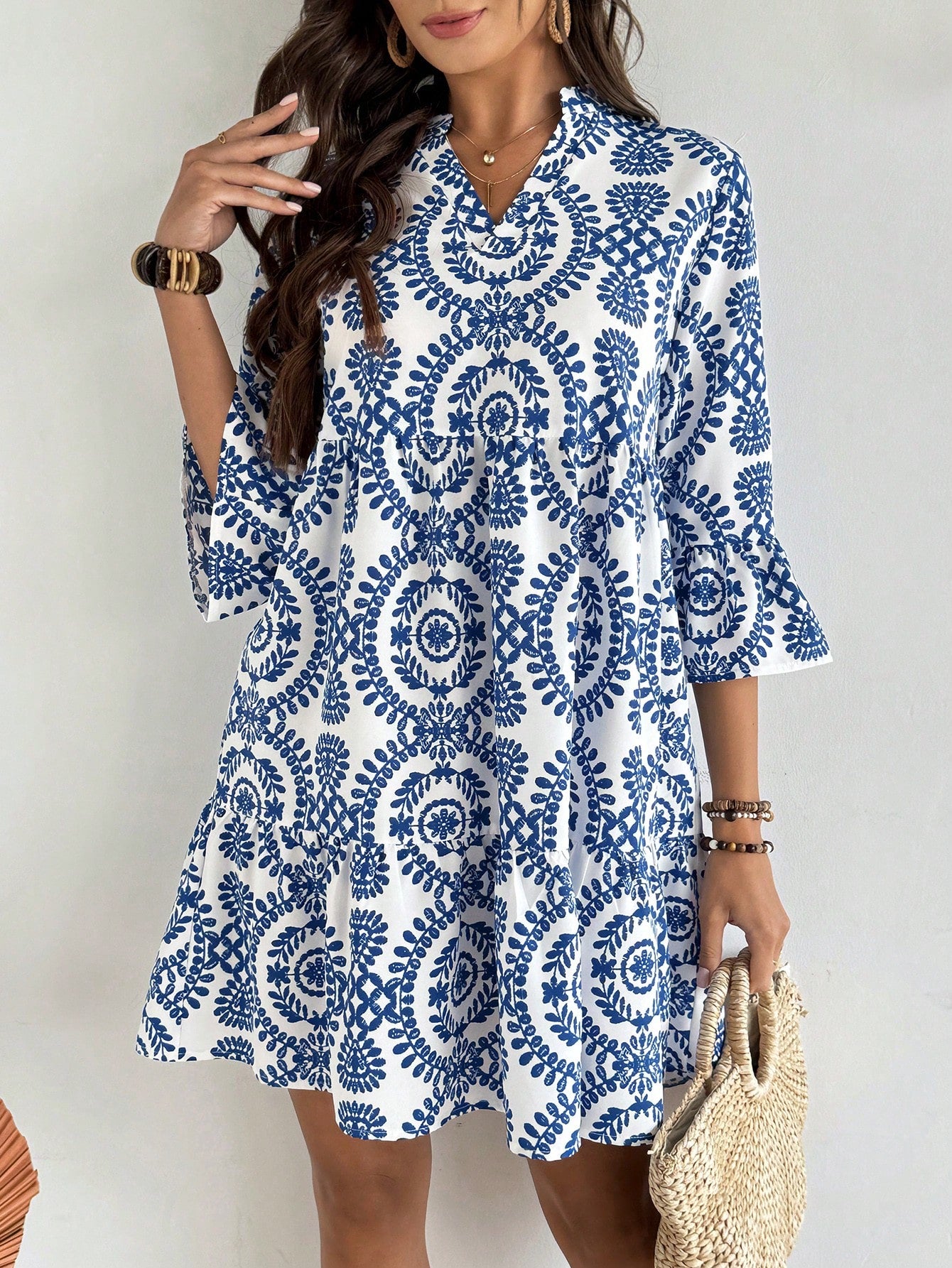 EMERY ROSE Women's Floral Print Cutout V-Neck Ruffled Hem Long Sleeve Mini Dress,Summer Dresses For Women