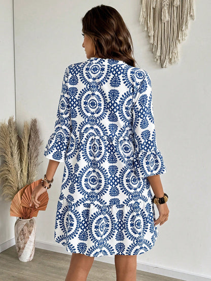 EMERY ROSE Women's Floral Print Cutout V-Neck Ruffled Hem Long Sleeve Mini Dress,Summer Dresses For Women