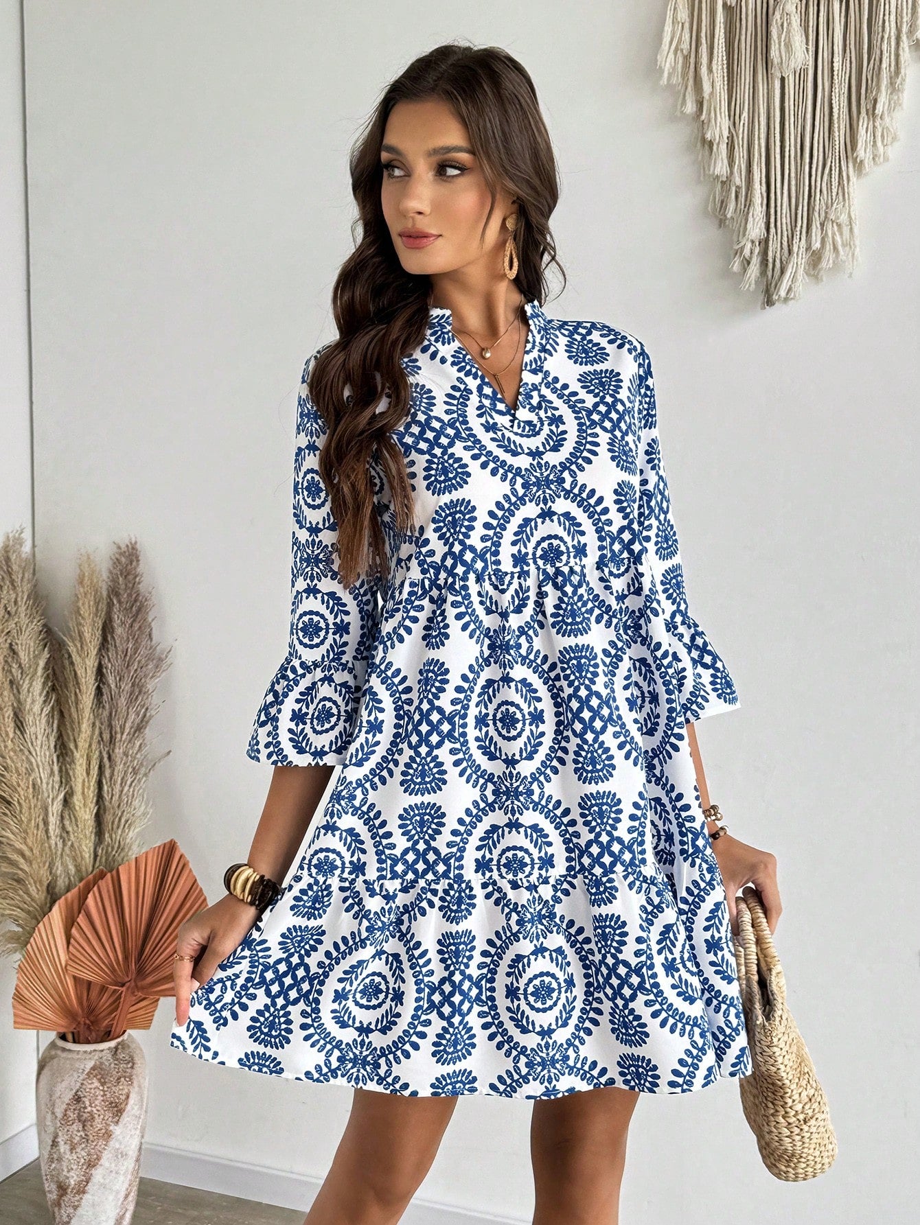 EMERY ROSE Women's Floral Print Cutout V-Neck Ruffled Hem Long Sleeve Mini Dress,Summer Dresses For Women