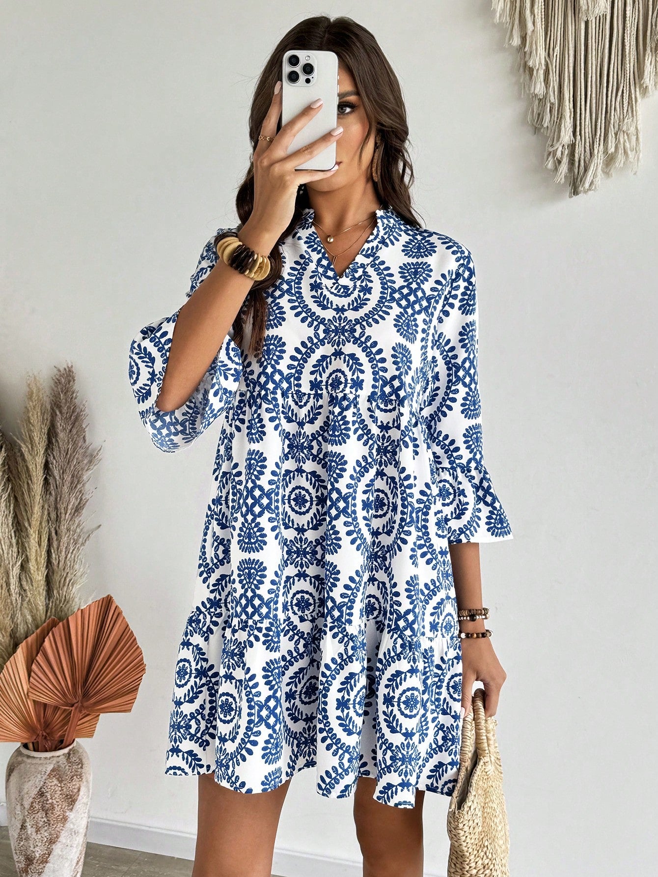 EMERY ROSE Women's Floral Print Cutout V-Neck Ruffled Hem Long Sleeve Mini Dress,Summer Dresses For Women