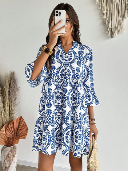 EMERY ROSE Women's Floral Print Cutout V-Neck Ruffled Hem Long Sleeve Mini Dress,Summer Dresses For Women