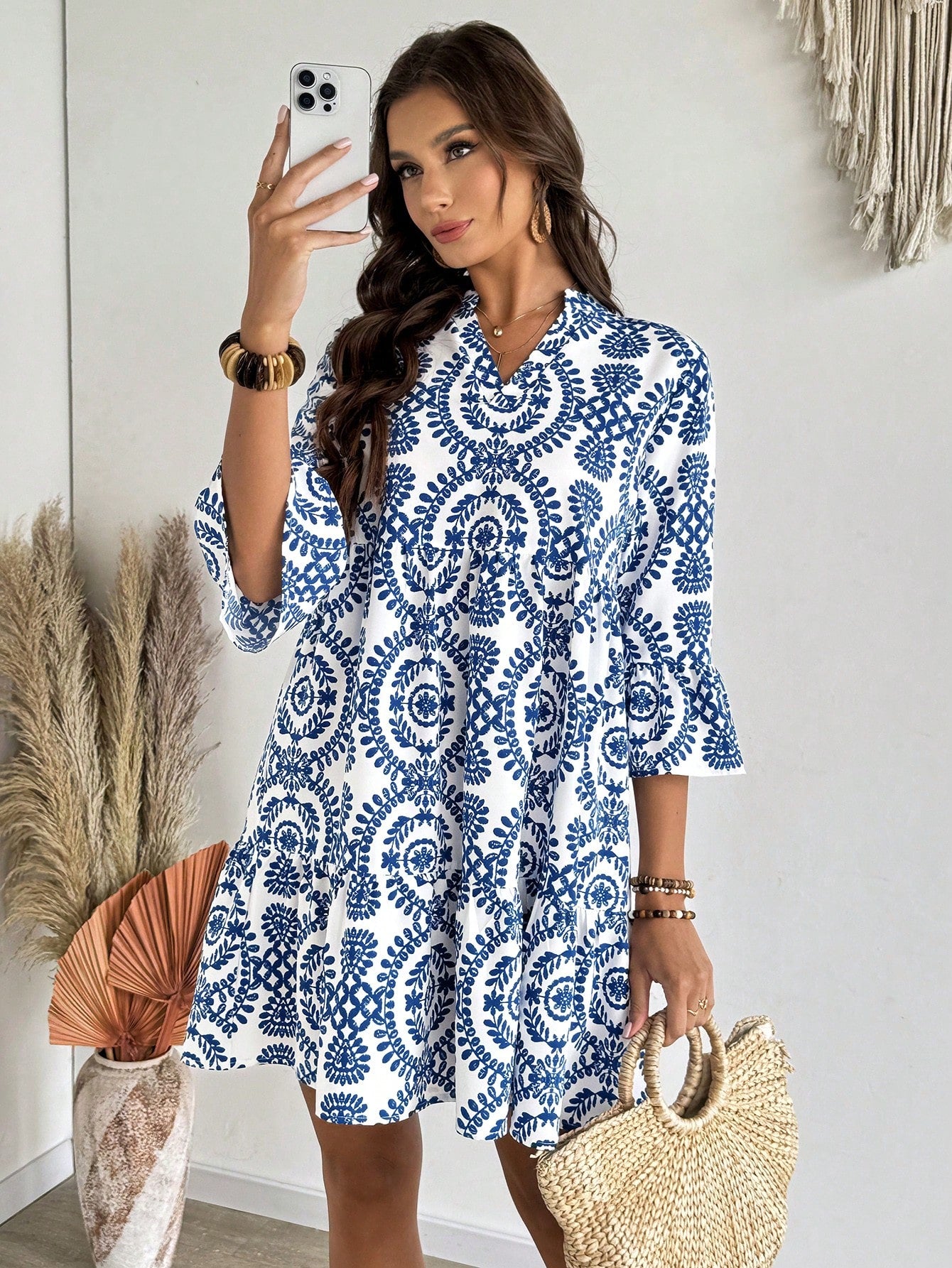 EMERY ROSE Women's Floral Print Cutout V-Neck Ruffled Hem Long Sleeve Mini Dress,Summer Dresses For Women